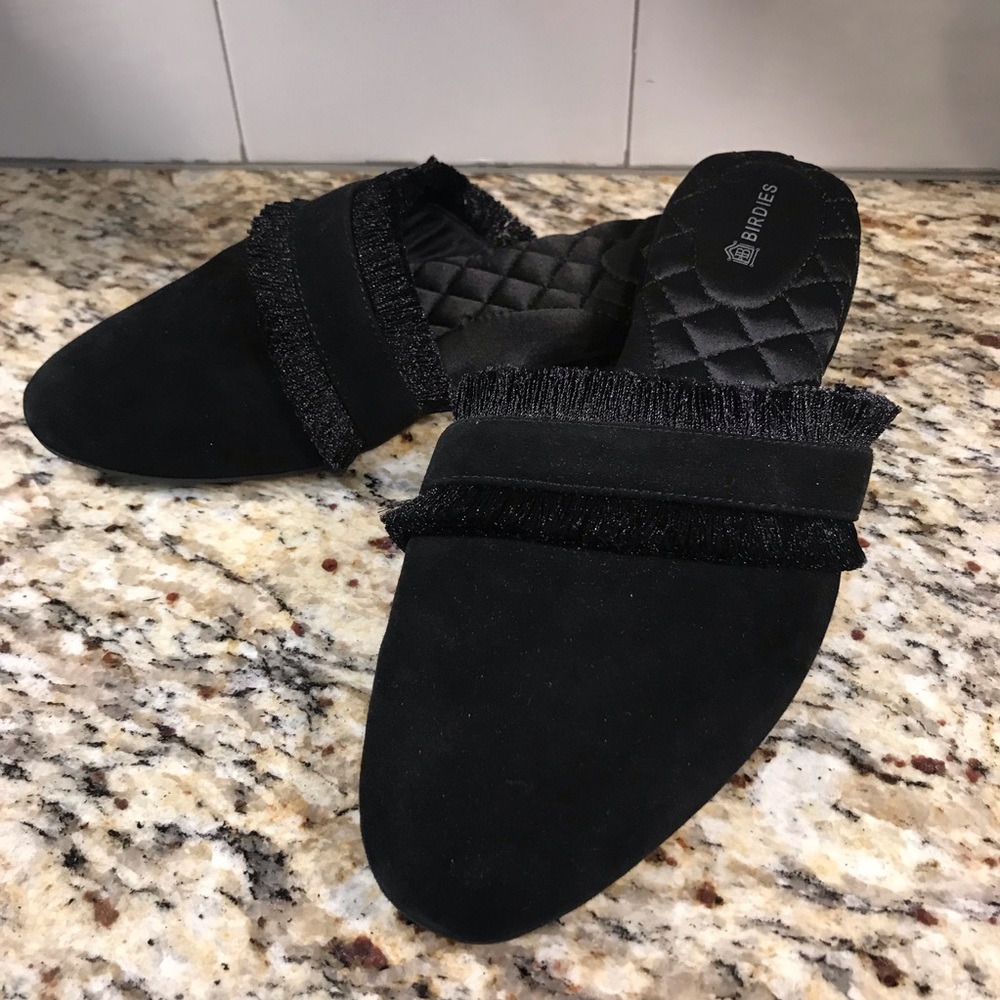 Birdies Women's Black Fringe Slip-On Mules